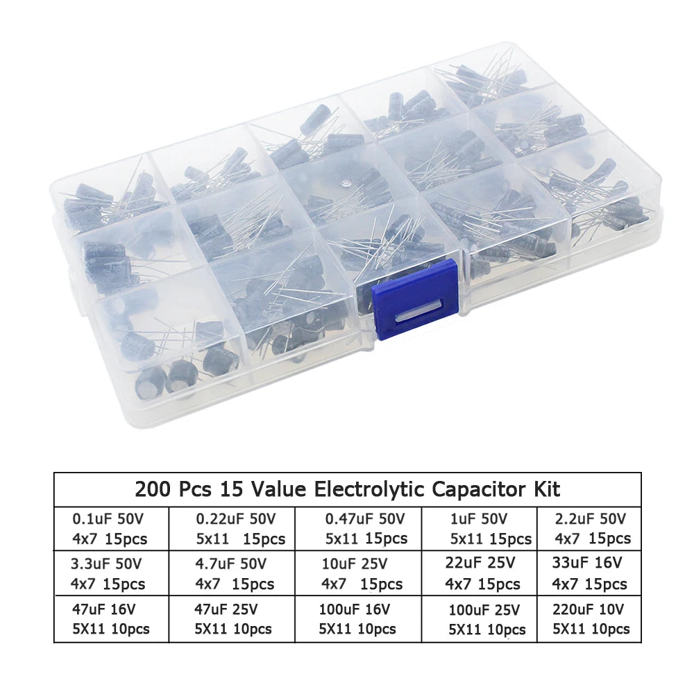 120/200/500 Uds 16V 25V 50V 0,1 uF - 1000 uF condensador electrolítico de aluminio caja surtida 1uF 4,7 uF 10uF 47uF 220uF 330uF 470uF