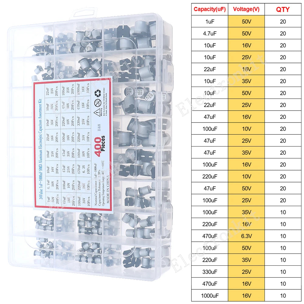 Juego surtido de condensadores electrolíticos de aluminio DIP SMD de 16V 25V 35V 50V 0,1uF a 2200uF