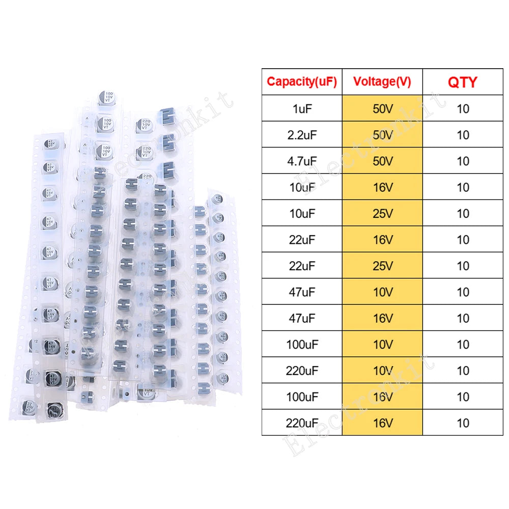 Juego surtido de condensadores electrolíticos de aluminio DIP SMD de 16V 25V 35V 50V 0,1uF a 2200uF