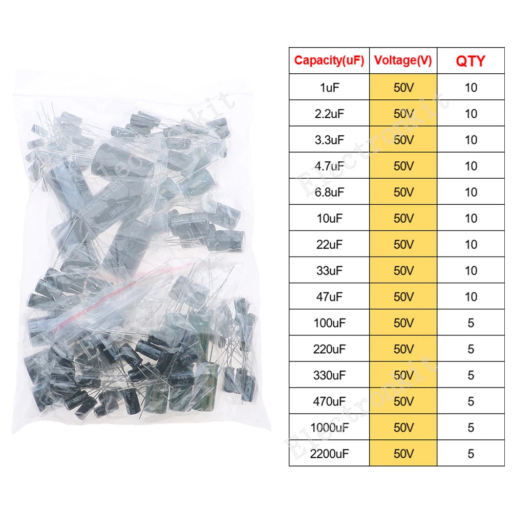 Juego surtido de condensadores electrolíticos de aluminio DIP SMD de 16V 25V 35V 50V 0,1uF a 2200uF