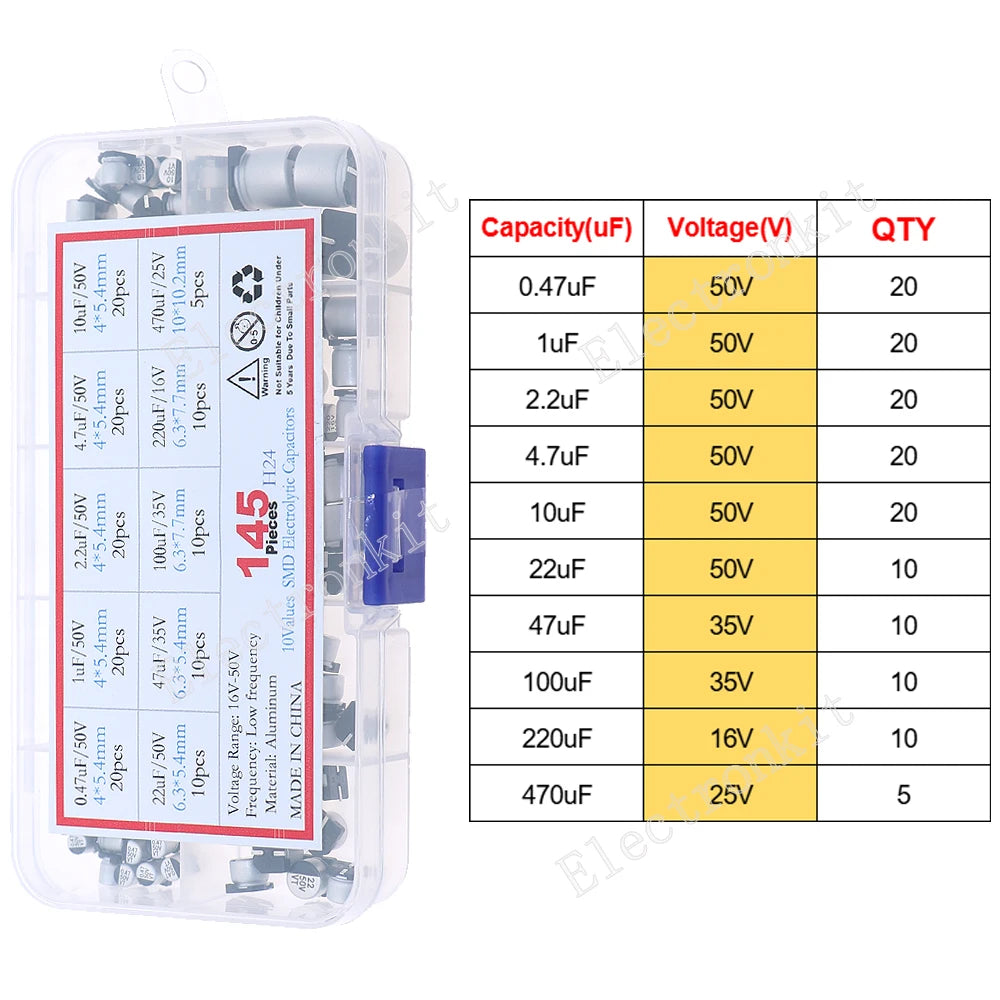 Juego surtido de condensadores electrolíticos de aluminio DIP SMD de 16V 25V 35V 50V 0,1uF a 2200uF