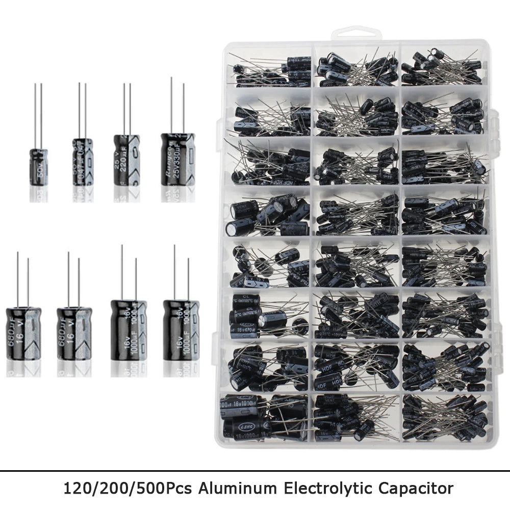 120/200/500 Uds 16V 25V 50V 0,1 uF - 1000 uF condensador electrolítico de aluminio caja surtida 1uF 4,7 uF 10uF 47uF 220uF 330uF 470uF