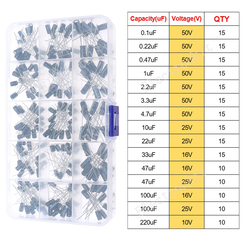 Juego surtido de condensadores electrolíticos de aluminio DIP SMD de 16V 25V 35V 50V 0,1uF a 2200uF